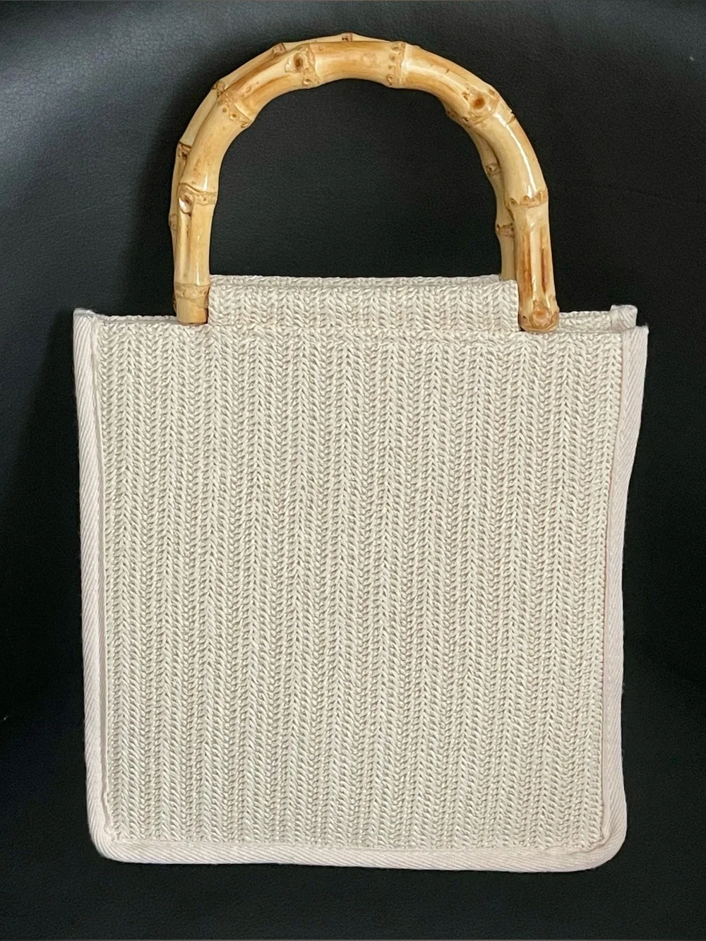 Tommy Bahama Cream Woven Raffia Tote with Bamboo Handles & Crossbody Chain